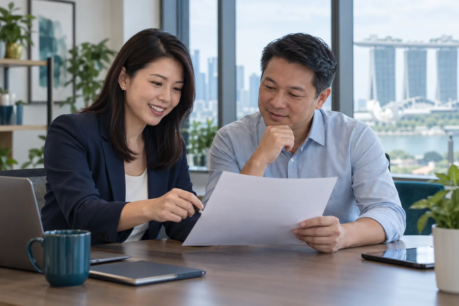HR advisor and business leader reviewing workplace plans together